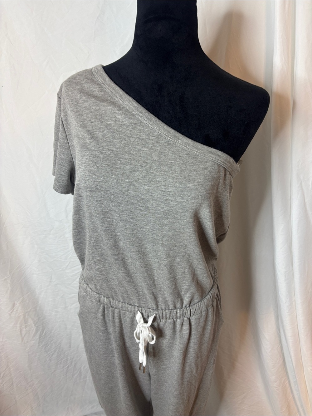 Off-Shoulder Gray Knit Jumpsuit with Drawstring Waist